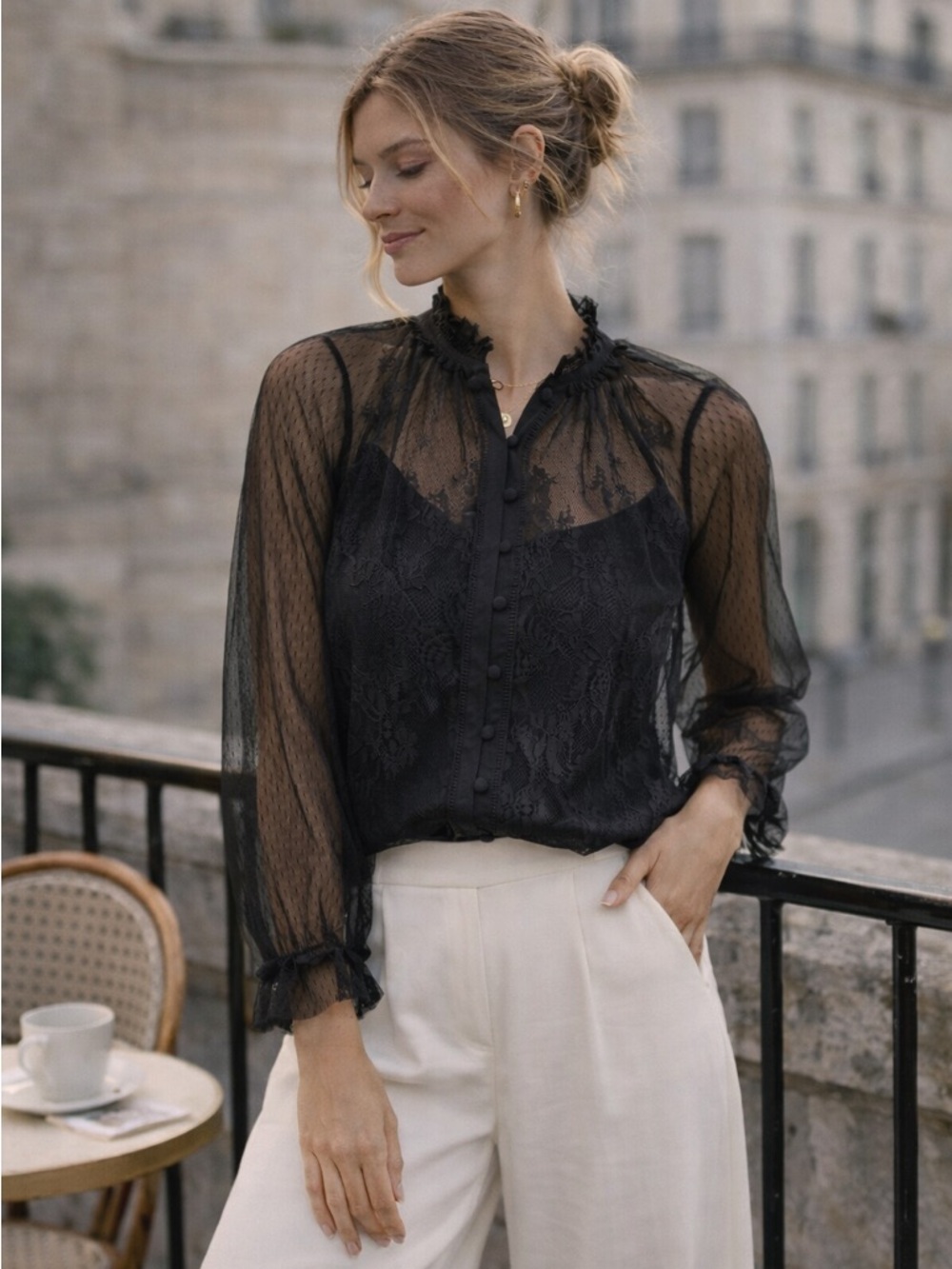 WHBM Tulle & Lace Sheer Black Blouse | New with tags | Size 8 | Sexy Chic